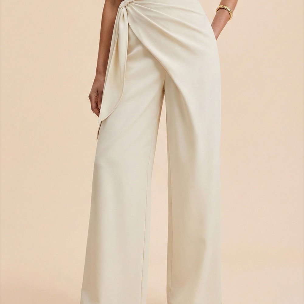 Wide-Leg Cream Wrap-Front Pants